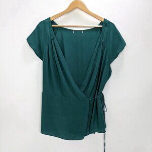 Chelsea28 Size L Womens V-neck Short Sleeve Wrap Tie Blouse Top in Pine Green